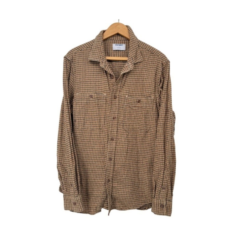 Old Navy Button Down Shirt Brown Plaid Flannel Casual Workwear Preppy Sz LG